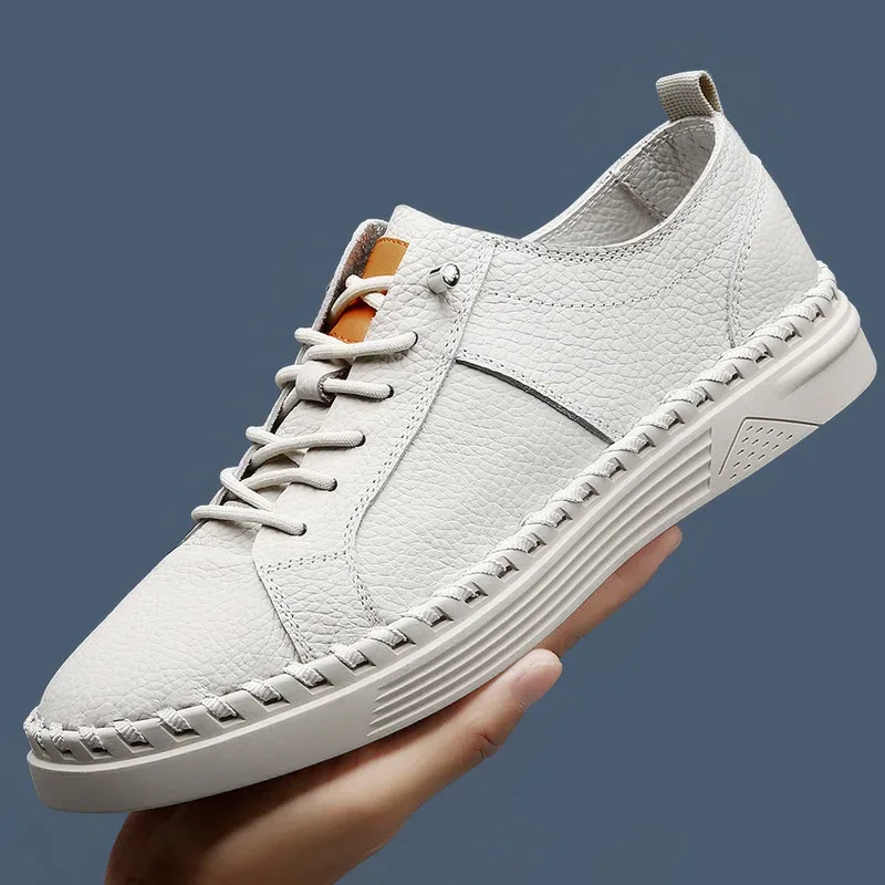 Men's Leather Casual Sneakers, Beige or Black